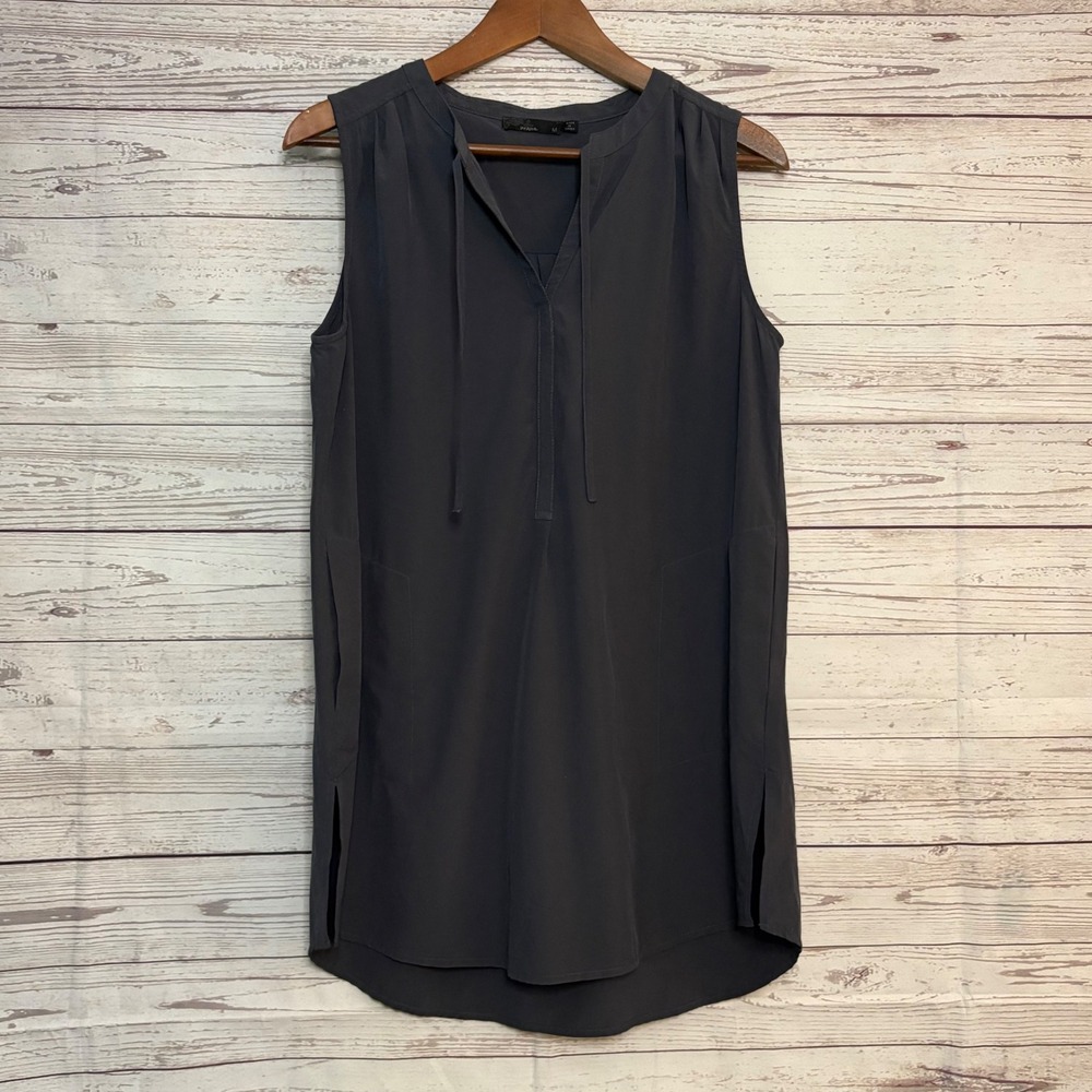 Prana Natassa Tunic Top Womens Sz M Gray Sleeveless Pockets Neck Tie‎